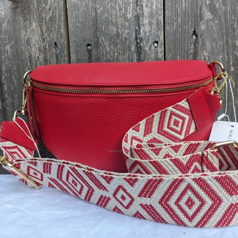 Italian Leather Fanny Pack with 2 Straps | Red Crossbody Waist Bag Real Leather - Picture 7 of 11